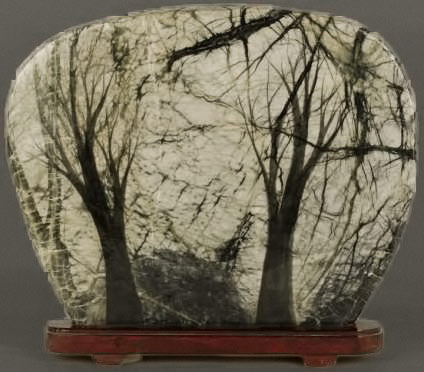 Chinese Dream Stone painted with a woodland scene on a veined green stone,-12-tall-The Cobb auctioneers