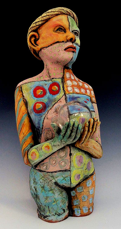 Crystal Shaman by Katherine Mathison - ceramic figure sculpture of a shaman holding a crystal ball