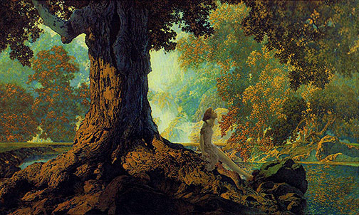 Dreaming-or-October-1928-by-Maxfield-Parrish-1a girl sitting by a lake