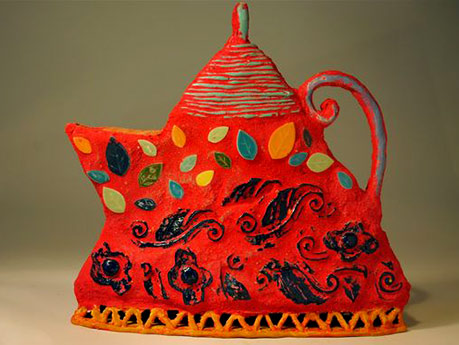 Red triangle teapot - Linda Hoffhines with black paisley