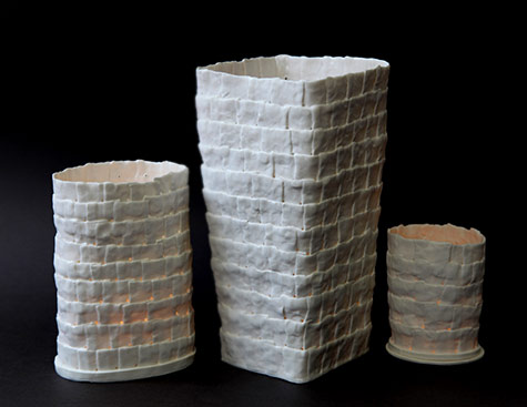 Textural porcelain vases slab built by Sally Cleary