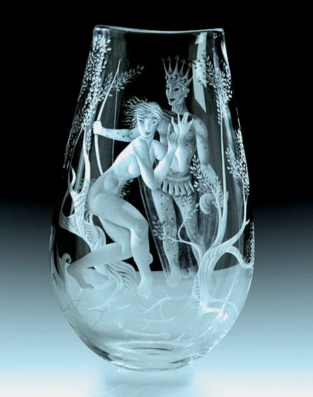 Vicke Lindstrand (Swedish, 1904-1983), Kosta, Mid Summer Nights Dream Engraved Glass Vase