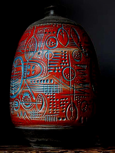 West German incised sgraffito glaze lidded jar red and blue