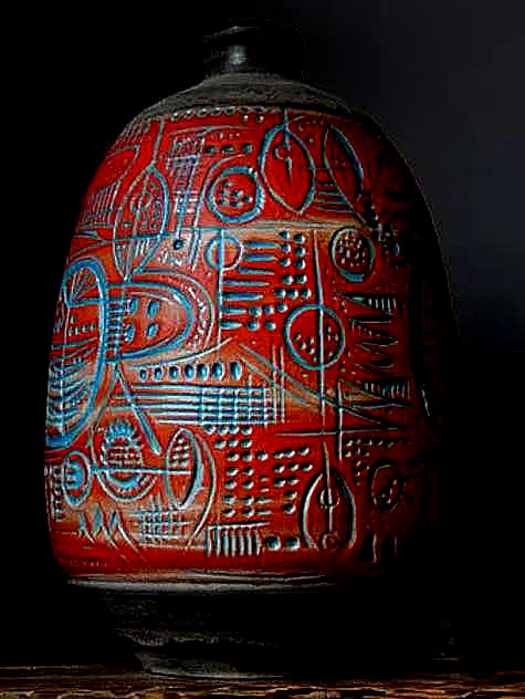 West-German-Mid-Century-i-ncised-glae-pot--77 West German incised sgraffito glaze lidded jar red and blue