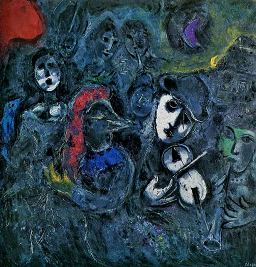 Marc Chagall-- Clowns at night-painting