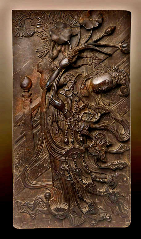 Wood carved panel Buddhist deity holding lotus Chinese Ming-dynasty-1368-1644