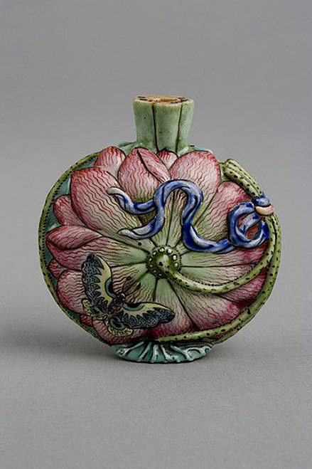 Chinese snuff bottle, porcelain moulded in relief, painted decoration depicts the underside of a lotus flower,-Qing Dynasty;-ca.-1750