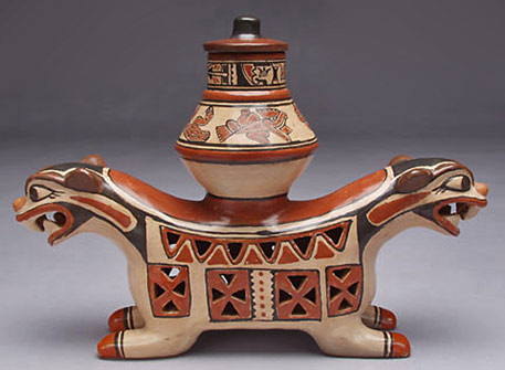  Double Headed Incense Pot. Design Elements: Jaguar, plumed serpent. Chorotega.ceramic vessel -San Vicente on the Nicoya Peninsula in Costa Rica