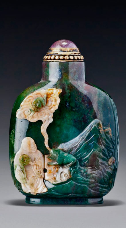 Green quartz ‘liu hai and toad’ snuff bottle official school, qing dynasty,-18th---19th-century