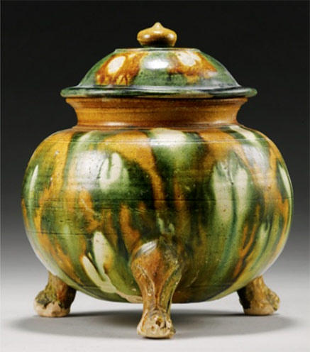 Incense burner Chinese Sancai 3 color' tripod incense burner lead-­‐based glazes mixed with copper (green) and iron (amber-brown).