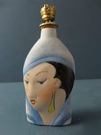 Art Deco-1925-Perfume Bottle German Porcelain Lady Head Crown Top