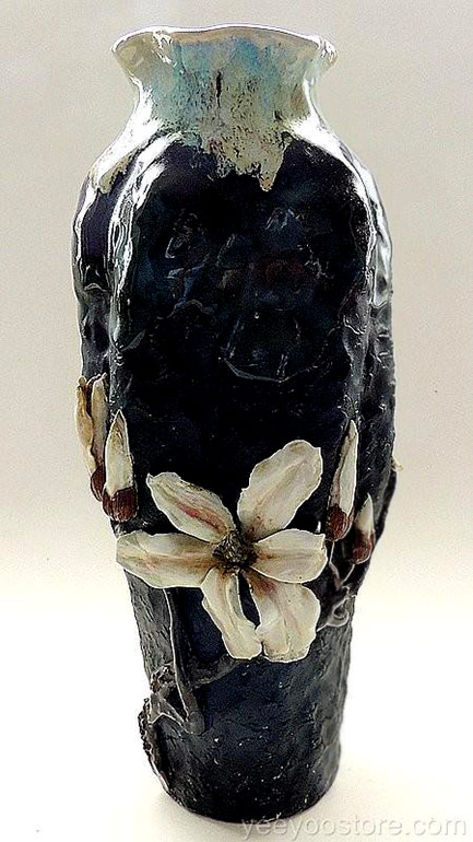 Large-&-signed-Japanese-Sumida-pottery-magnolia-pinched-vase