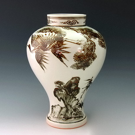Porcelain Temple Jar with Iron Brown Long Life crane emblem