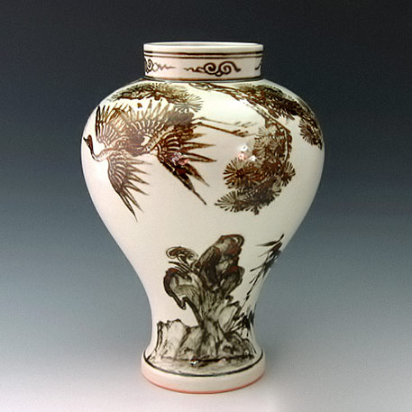 Porcelain-Temple-Jar-with-Iron-Brown-Long-Life-Emblem-Painting-in-White Porcelain Temple Jar with Iron Brown Long Life crane emblem