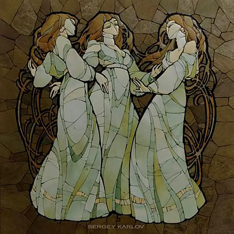 Moonglade Stone-mosaic of three women dancing by Sergey Karlov