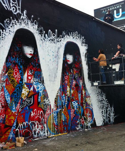 Twin geishas street art by HUSH