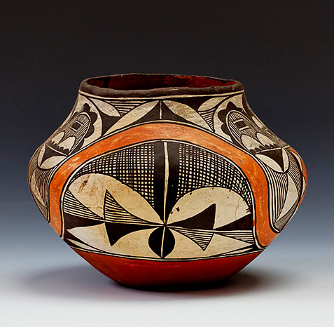 Water Jar (Olla), Depicting Rainbow Arching over Crosshatched Elements Acoma Pueblo New Mexico