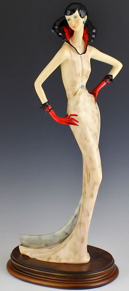 Art-Deco-fashion-figurine - posing model in cream dress and red gloves