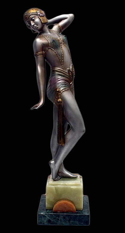 Art Deco spelter figure by A LECLERC, France ca. 1930, the silver cold-painted figure with polychrome decoration, mounted on a multi-coloured marble base 37cm