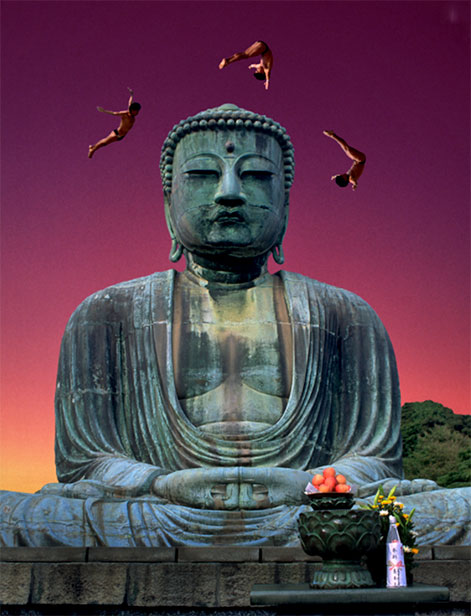 Buddha-Art-Photography--A composite image of male divers flying over Buddhas head to illustrate dreams