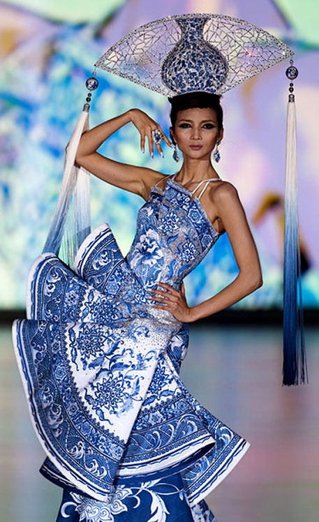 A model wearing a Chinese blue and white porcelain inspired dress - Guo Pei