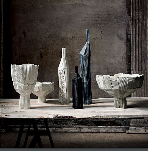 Handmade paper ceramic collection of various vessels by Paola Paronetto