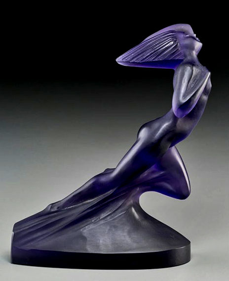 Rene Lalique Color Enhanced Deep Amethyst Glass Cote d'Azur Statuette of a nude woman Circa 1929