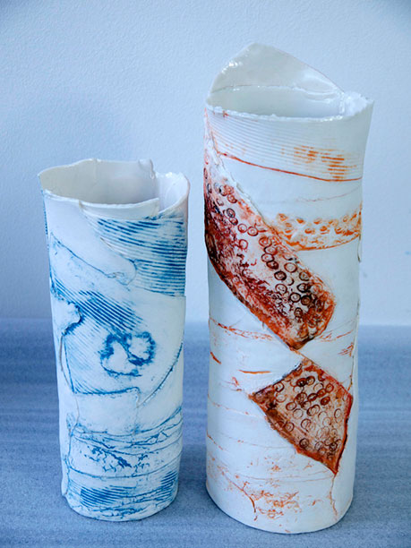 Two hand made cylinder slab vases - Sally Cleary