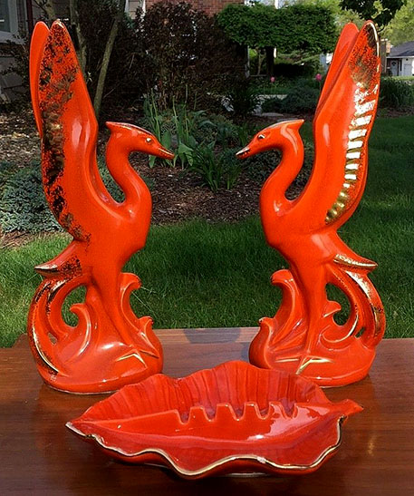 Vintage-California Pottery USA-3-pc-Console Set Ashtray Bird Figurines in Orange and Gold