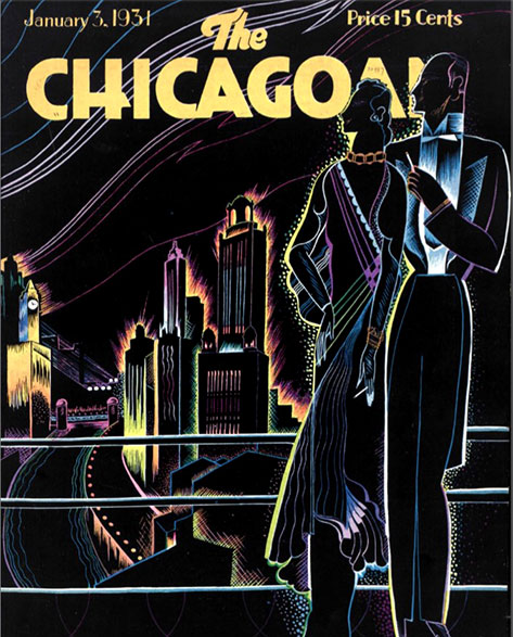 1931 Chicagoan-mag-cover - couple on a balcony overlooking cityscape