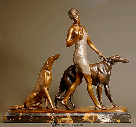 Lady walking two dogs Art Deco sculpture