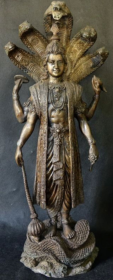 Bronze Statue Hindu God Vishnu standing on a Naga snake