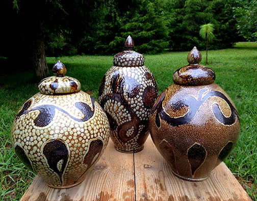 Daniel Johnston Pottery NC three lidded ceramic vessels