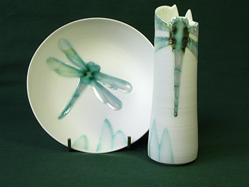 Dish and vase -- Dragonfly pottery by Gill McMillan