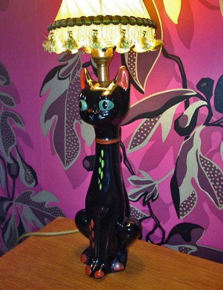 Black Cat with turquoise eyes ceramic lamp