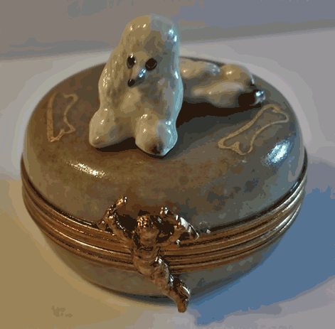 Limoges Porcelain White Poodle Dog on Brown Round Trinket Box
