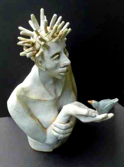 Marjorie-Pitz, ceramic sculpture bust Leaf Lady Holding Bird