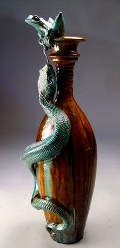 Mitchell Grafton---vase with Snake and Frog relief Ceramic Sculpture