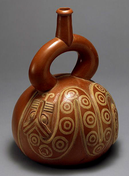 Moche stirrup-spout bottle with snake, Peru, 2nd–3rd C. Metropolitan Museum of Art, NYC.