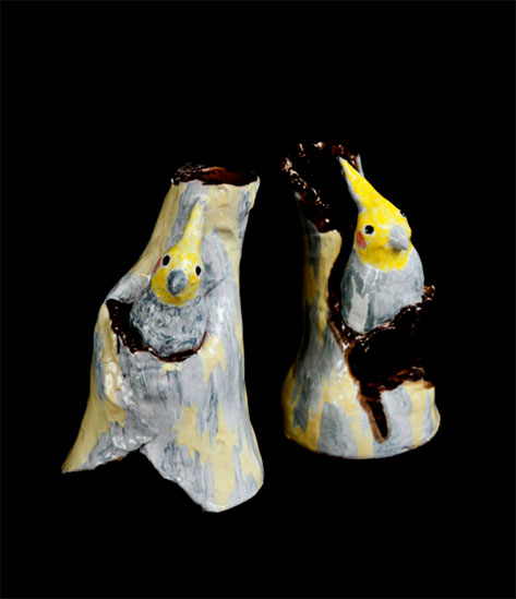 Pair of cockatiels-Earthenware--Peter Cooley ceramic bird sculptures