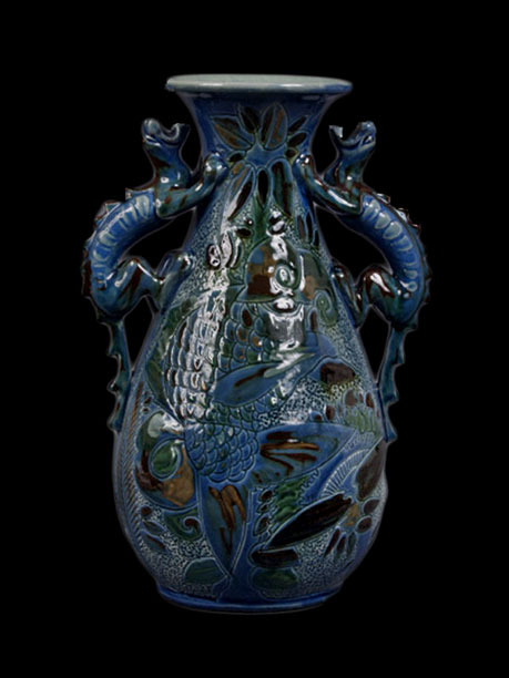 Pale blue dragon-handled vase with fish design (one of pair) 1897;-C-H-Brannam-Ltd;-1903;-1991