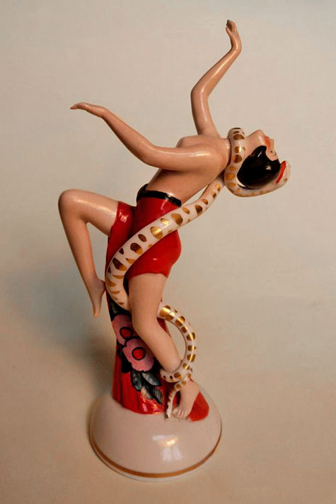 Rare vintage Hertwig Katzhutte art deco porcelain lady figurine, snake dancer