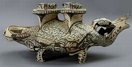 Stephen Benwell ceramic sculpture, modeled, as a fantastic animal with candleholders on its back 22cm long