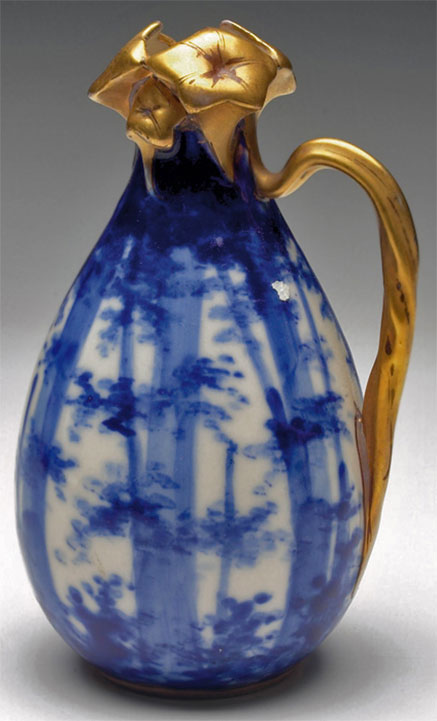 Teplitz Amphora - handled vessel, bulbous form with a blue and white forest scene,