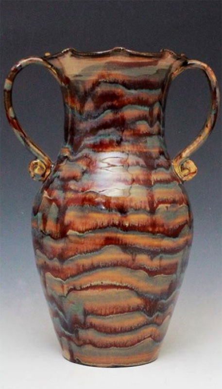 Twin handled large drip glaze vase, Windsong Pottery