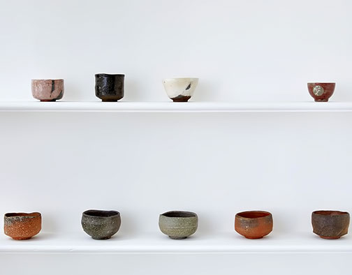 selection of tea bowls by Hiro Ajiki, Ryoji Koie, Shozo Michikawa, Yasuhisa Kohyama, Tatsuzo Shimaoka and Shiro Tsujimura.