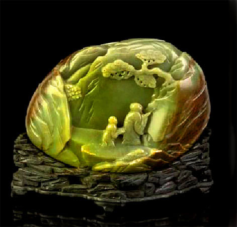 Spinach and russet jade mountain-group,-19th century--carved-in relief with scholar painting