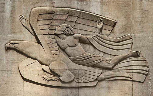 Wall sculpture Art Deco Winged Male Bas Relief, Union Terminal Museum, Cincinnati, Ohio.