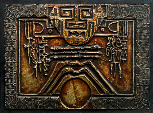 Bruce Onobrakpeya---Eton-1984--metal foil on resin on wood