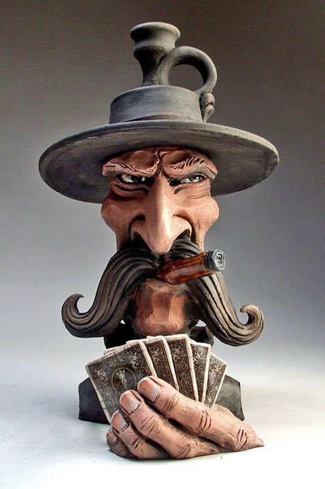Poker Face Jug folk art-Gambler pottery sculpture cards by Mitchell Grafton